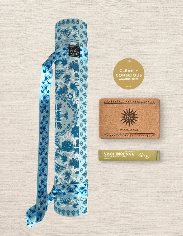 4 mm Yoga Pack - Aqua Garden Yoga Mat + Block + Strap + Incense