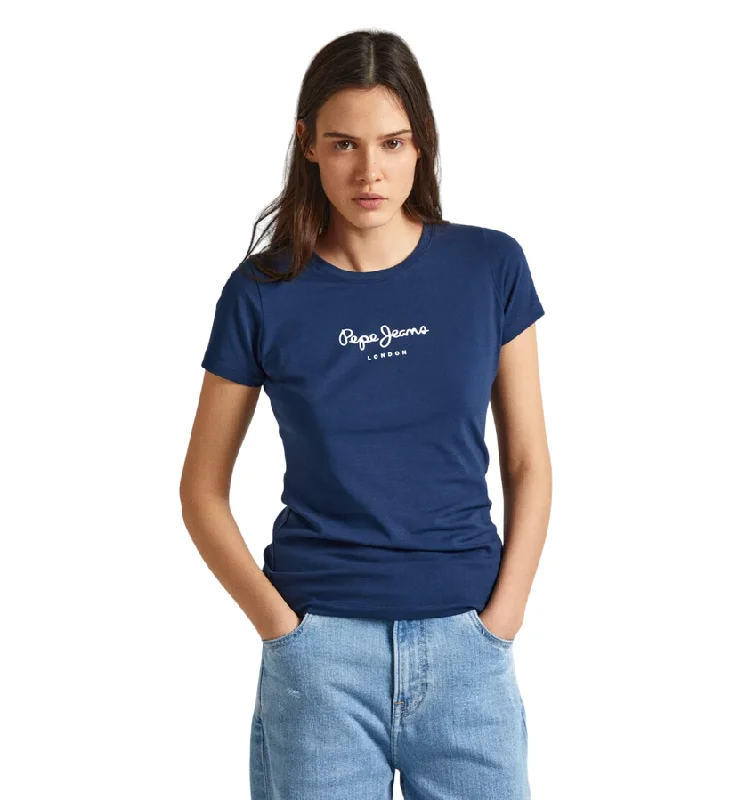 Pepe Jeans maglietta slim manica corta da donna con logo stampato New Virginia PL505202 595 blu