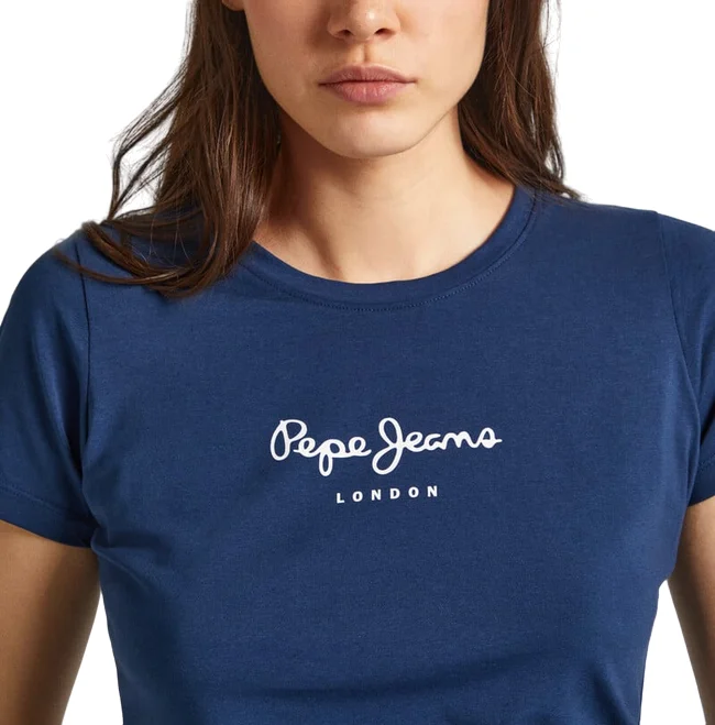 Pepe Jeans maglietta slim manica corta da donna con logo stampato New Virginia PL505202 595 blu