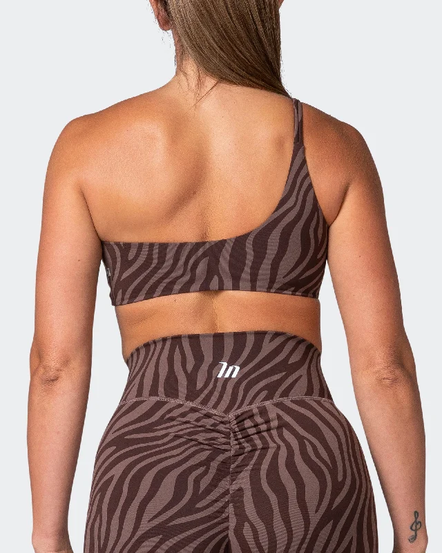 Movement One Shoulder Bralette - Coffee Zebra Print